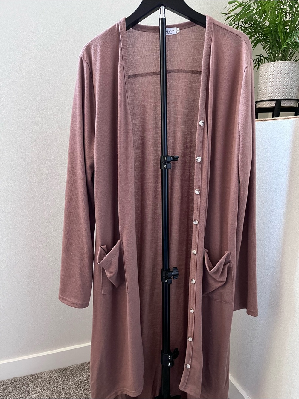 Long Dusty Rose Open Cardigan with Pearl Buttons